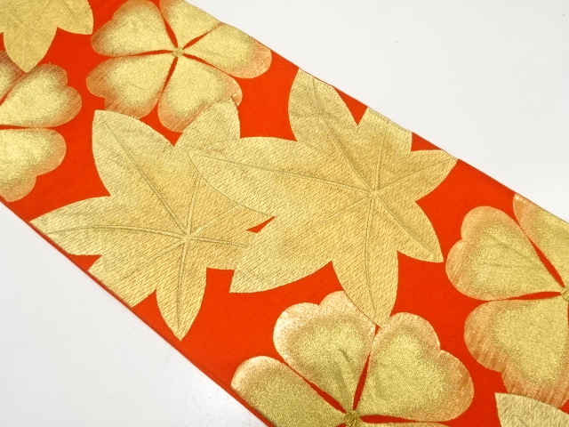 JAPANESE KIMONO / ANTIQUE FUKURO OBI / SILK / WOVEN MAPLE & FLOWERS